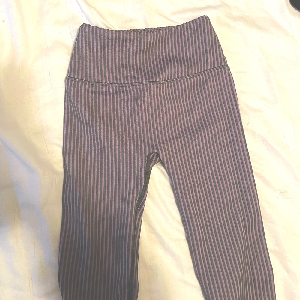 Purple and gray striped fabletics leggings